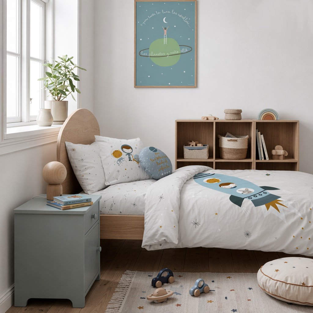 quiero la primera foto pero necesito poner en la cama los textiles de cama de la habitación infantil nave espacial con fundas nórdicas infantiles